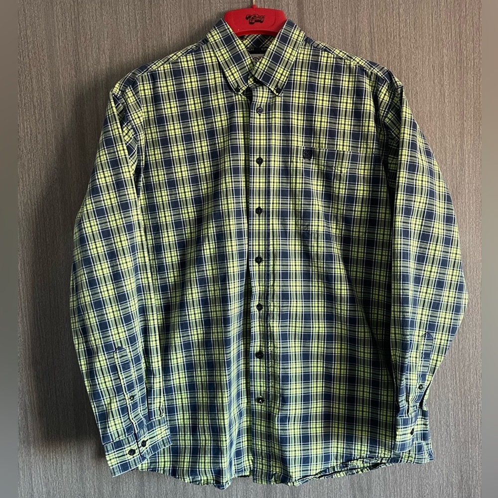 Cinch Full Button Plaid Shirt - Lime Green & Navy - Size Medium